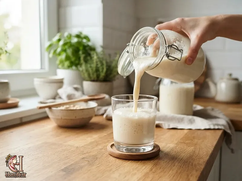 خواص کفیر - شیشه کفیر خانگی در حال تخمیر با شیر